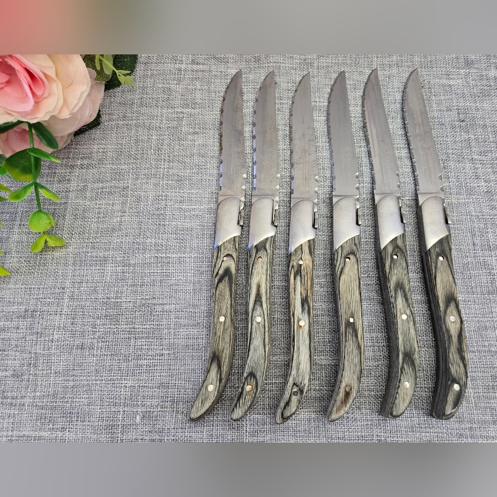 Set of 6 Lou Laguiole "Poivre" Steak Knives Grey‎ Wood Effect Full Tang